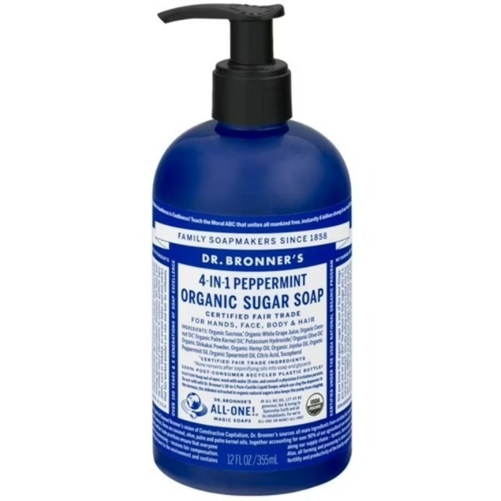 Dr. Bronner's Organic Sugar Soap Unisex 12oz Blue New Peppermint 4-in-1 Pump